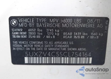 2012 BMW X5 xDrive35I/xDrive35I Premium/xDrive35I Sport Activity z USA, uszkodzony, nr VIN 5UXZV4C55CL754164